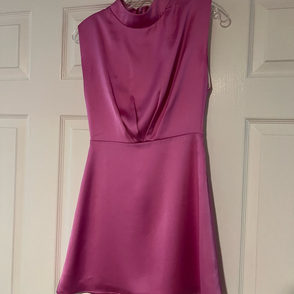Sleeveless Fuchsia Satin Mini Dress with High Neck